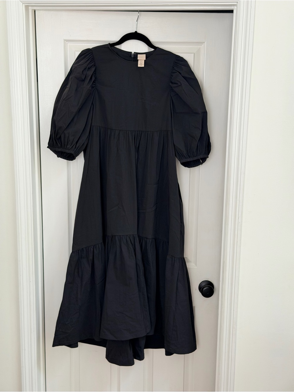 Black Puff-Sleeve Tiered Midi Dress H&M